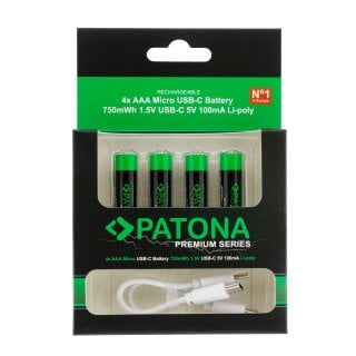 PATONA Premium USB-C 4x AAA Akkus Lithium 1.5V 750mWh mit 1 zu 2 USB-C Ladekabel