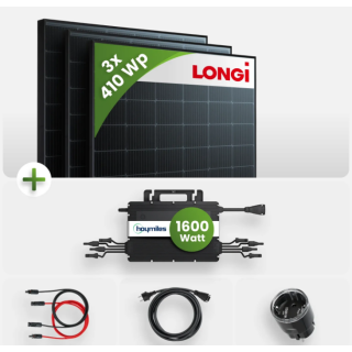 Balkonkraftwerk 1230W - 3x Longi LR5-54HPB-M 410Wp + Hoymiles HMS-1600-4T Microinverter Modulwechselrichter + Shelly Smart Plug